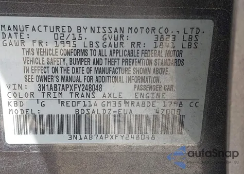 2015 Nissan Sentra Fe+ S/S/Sl/Sr/Sv z USA, uszkodzony, nr VIN 3N1AB7APXFY248048